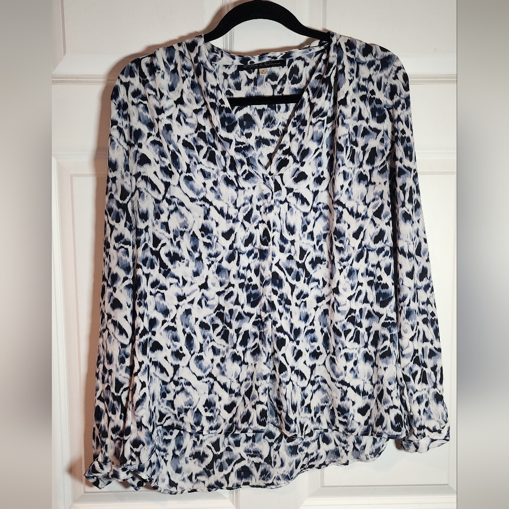 Rose & Olive Women's Blue and White Printed V-Neck Blouse Semi Sheer M